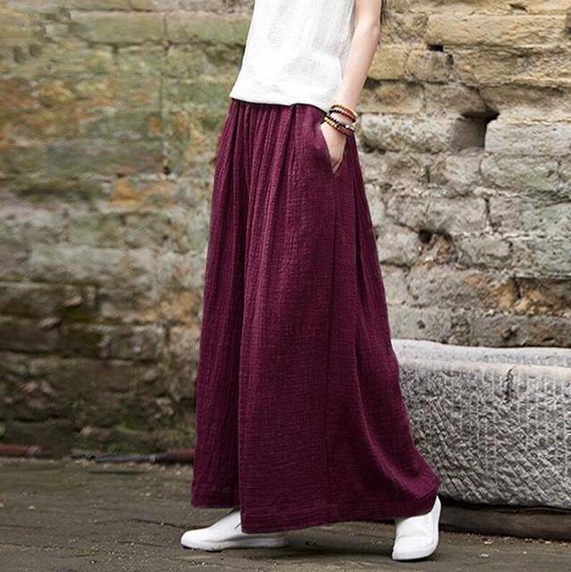 Clothing WINE RED / M (US 2) Loose Wide  Elastic Waist Cotton linen Trousers (US 2-18W)