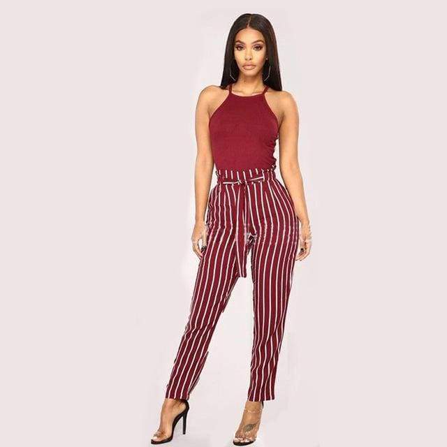 Clothing wine red / S (US 2) Striped Strechy Elastic High Waist Harem Pants Women Bowtie Belt Slim Long Trousers Women's Casual Capris With Pockets (US 2-16)