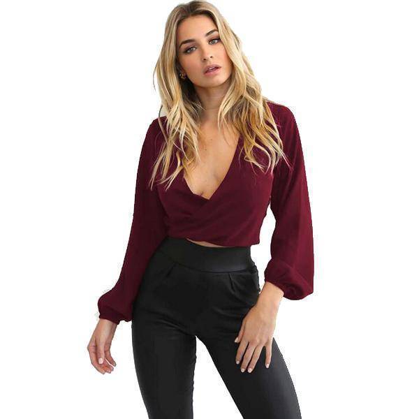 Clothing Wine red / S (US 6-8) Summer Women Sexy Chiffon Deep-V Neck Backless Bow Short Blouse Full Sleeve Club Party Shirts (US 6-14)