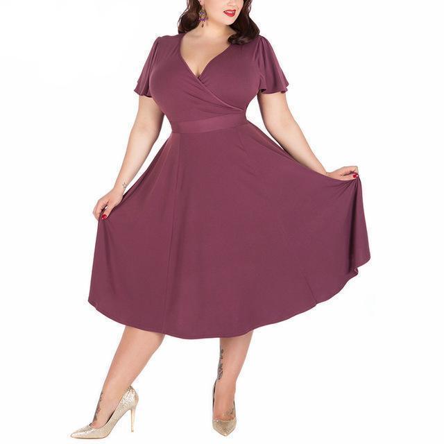 www.Nuroco.com - Plus Size - Women Sexy V-neck Short Sleeve 50s Party A-line Dress Vintage Stretchy www.Nuroco.com - Plus Size - Women Sexy V-neck Short Sleeve 50s Party A-line Dress Vintage Stretchy
