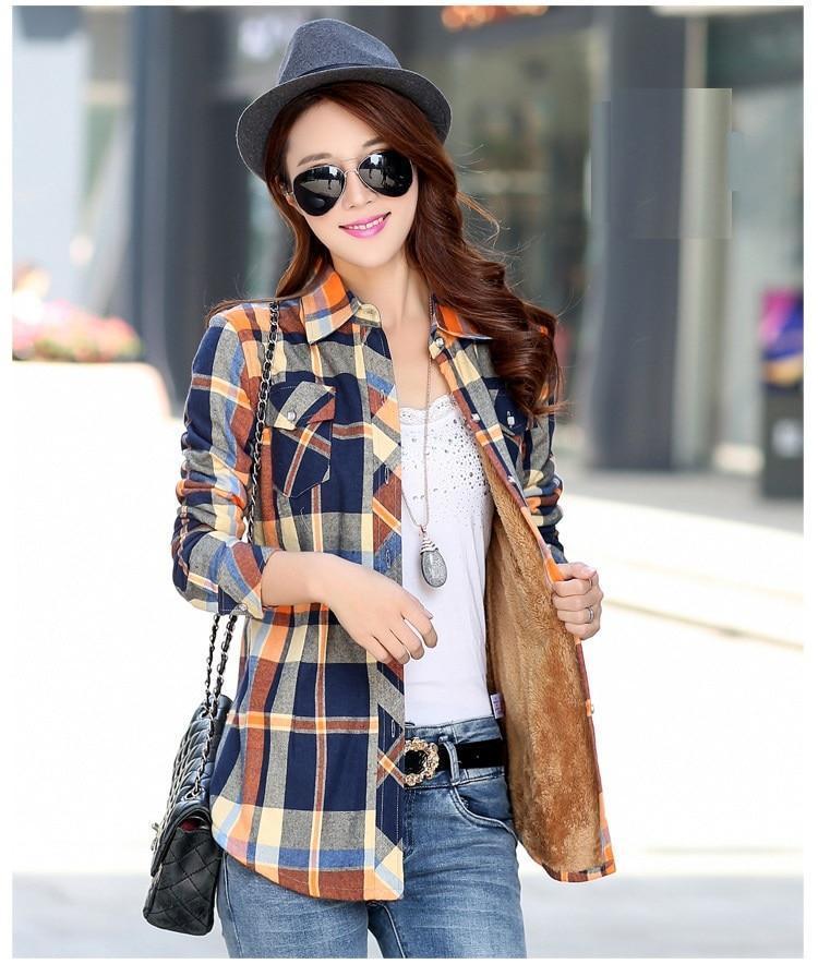 Clothing Women Autumn Winter Warm Blouses Tops Blusa Camisa Femininas Cotton Long-sleeve Thick Velvet Plaid Shirt Flannel Shirts Plus XXL (US 8-16)