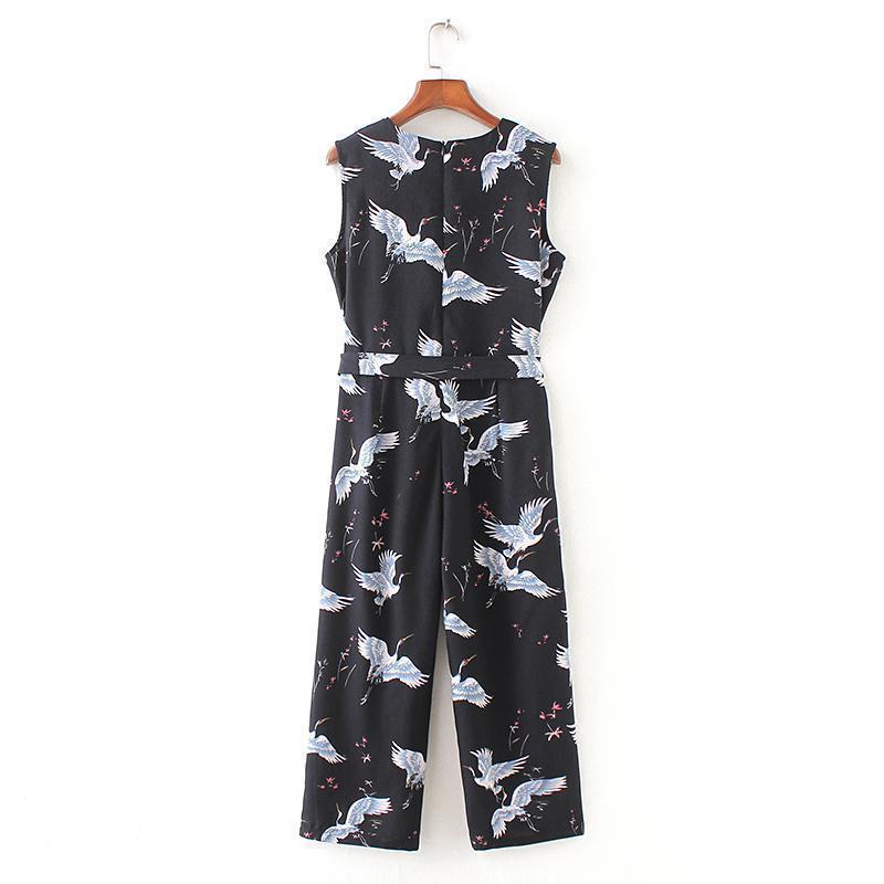 Clothing Women cute crane print jumpsuit sashes pockets sleeveless pleated rompers ladies vintage casual jumpsuits KZ1016 (US 4-14)