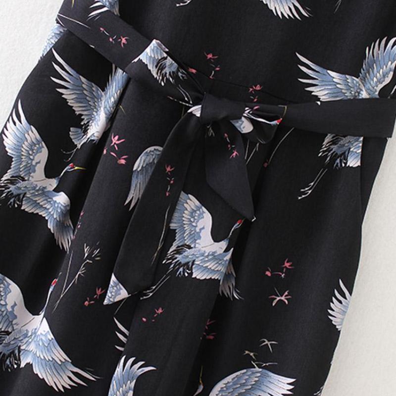 Clothing Women cute crane print jumpsuit sashes pockets sleeveless pleated rompers ladies vintage casual jumpsuits KZ1016 (US 4-14)