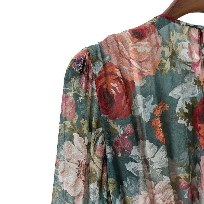 Clothing women floral chiffon dress two pieces set long sleeve elastic waist mid calf o neck casual brand dresses vestidos QZ3200 (US 6-16)