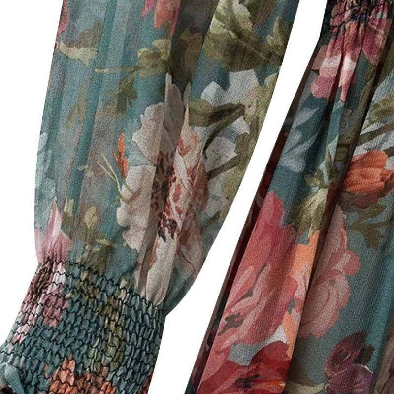 Clothing women floral chiffon dress two pieces set long sleeve elastic waist mid calf o neck casual brand dresses vestidos QZ3200 (US 6-16)
