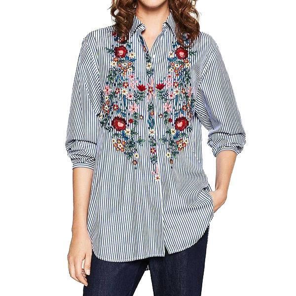 Clothing Women Floral Embroidered Casual Blouse Autumn Long Sleeve Striped Shirt Floral Tops Fashion (US 10-16W)