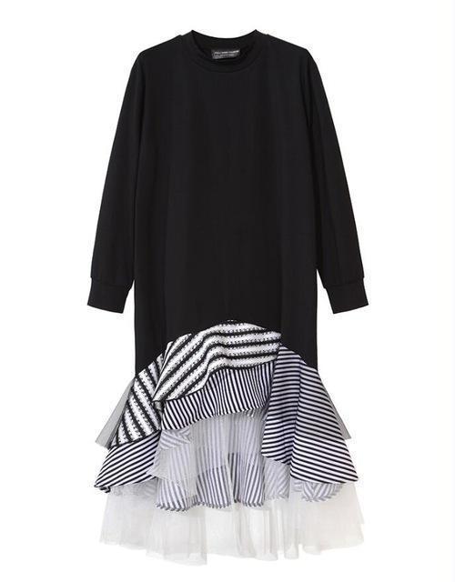 Clothing Women Long Sleeve T Shirt Midi Dress Patchwork Stripe Mesh Ruffle Flare Asymmetrical Hem Pullover Casual (US 14W-16W)