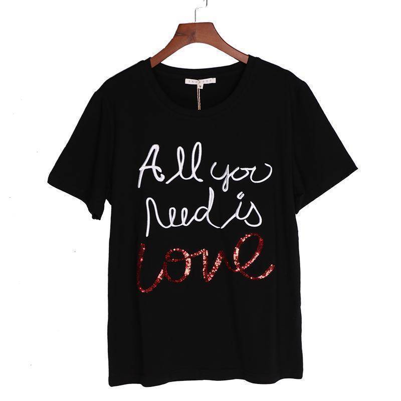 Clothing Women Sequin Embroidery Tops Tees Cotton T-shirt - "All you need is love"    (US 6-12)