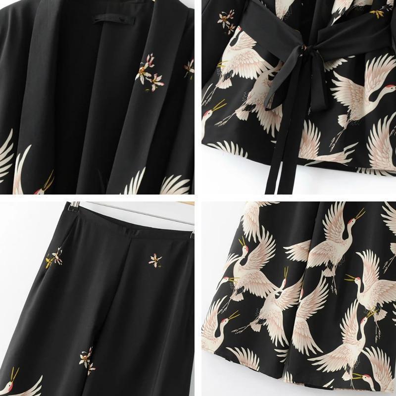Clothing Women spring summer birds print kimono style long sleeve coat  set wide leg pants (US 10-16)