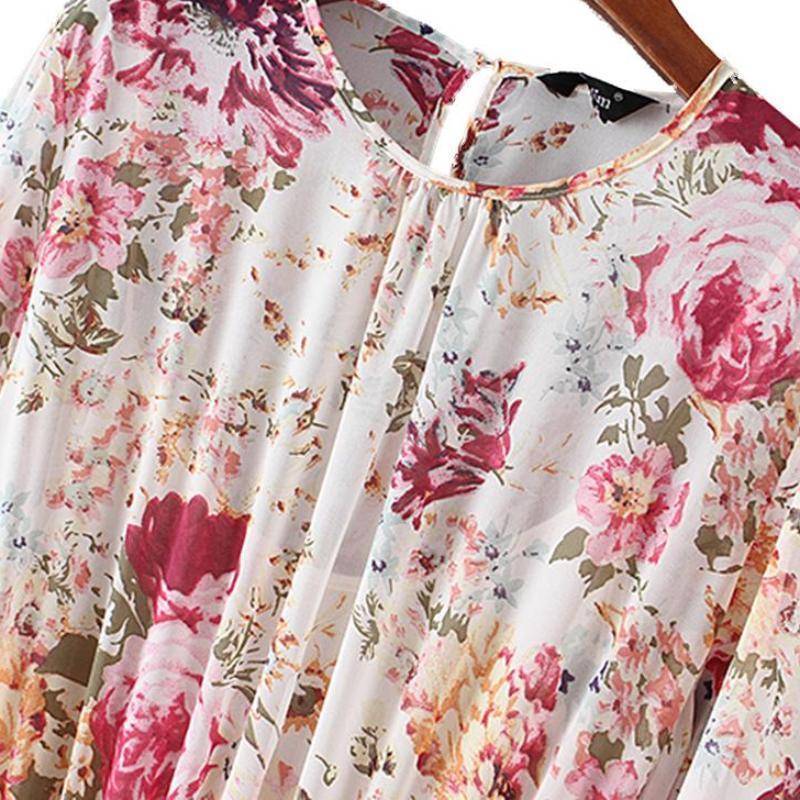 Clothing women sweet floral chiffon dress two pieces set elastic waist long sleeve ladies casual mid calf dresses vestidos QZ3049 (US 6-16)