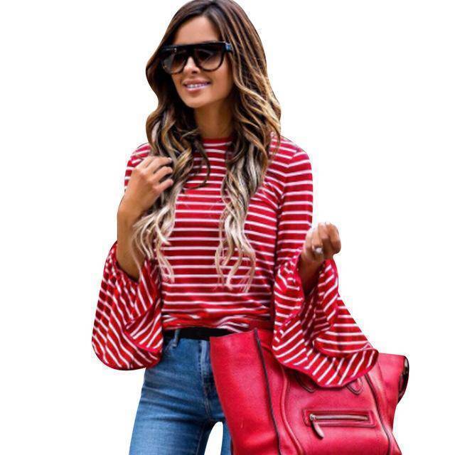 Clothing Women Vintage Fashion White And Red Striped Shirt Blouses Cotton Blend Tops retro roupas Flare Sleeve femininas shirts