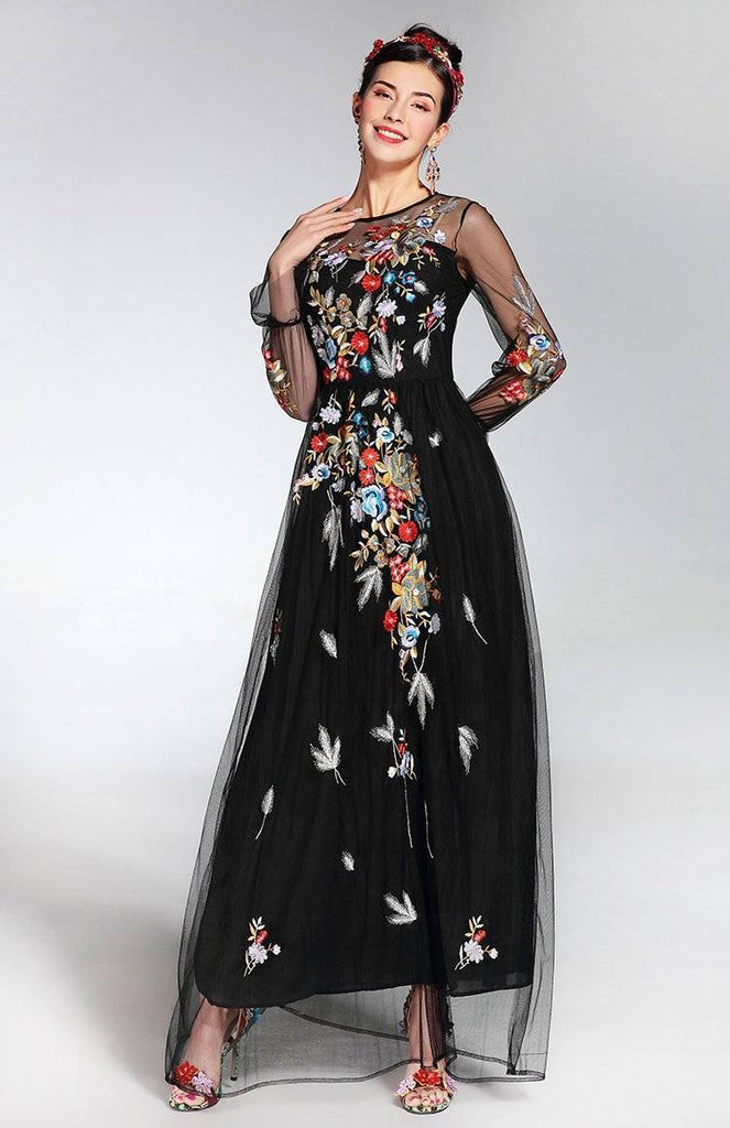 Clothing XL (US 10-12) Runway Tulle Gauze Sleeves, with Floral Embroider Vintage Long Dress (US 4-16)