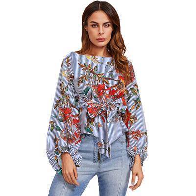 Clothing XS (US 10-12) Exaggerated Lantern Sleeve Belted Mixed Print Blouse Womens Long Sleeve Tops Autumn Blue Striped Floral Blouse (US 10-16W