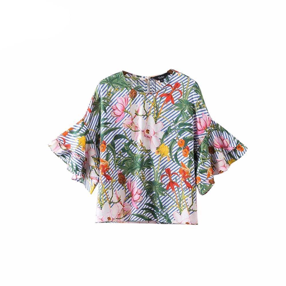 Clothing XS (US 14) Plus Size - Sweet ruffles loose floral shirts flower print tops (US 14-18W)