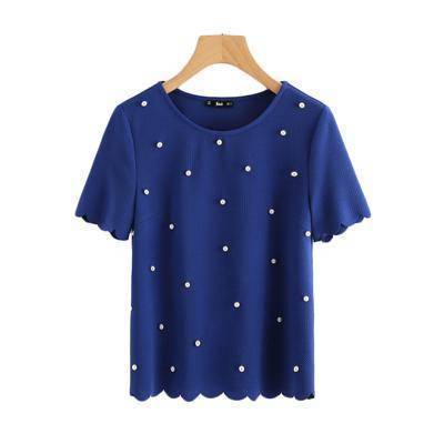 Clothing XS (US 6-8) Scallop Trim Pearl Embellished Women Blouse Royal Blue Shirt Short Sleeve Cute Tops Elegant Ladies Blouse (US 6-16)