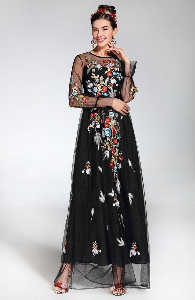 Clothing XXL (US 14-16) Runway Tulle Gauze Sleeves, with Floral Embroider Vintage Long Dress (US 4-16)