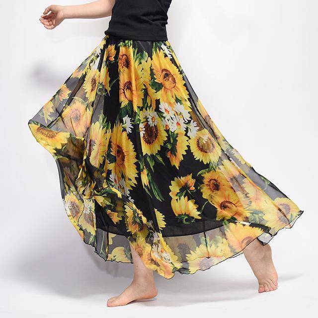 Clothing Yellow Fits 20"-39" waist, Chiffon Floral Printed Boho long (Floor Length) Skirt  Fits up to (US 16)