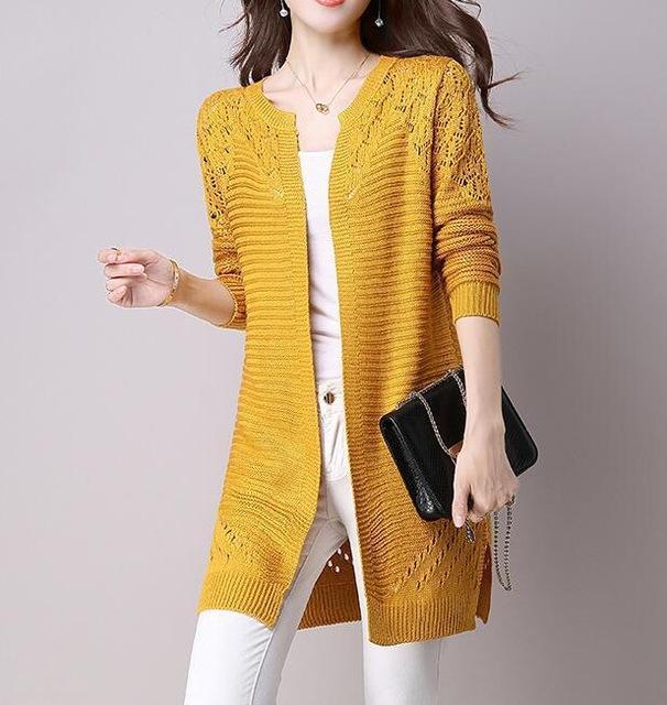 Clothing Yellow / M (US 2-4) Fall Women Cardigan Solid Color Hollow Out Sweaters Size S-XXL Poncho Full Sleeve Open Stitch Female Knitted Outerwear (US 2-12)