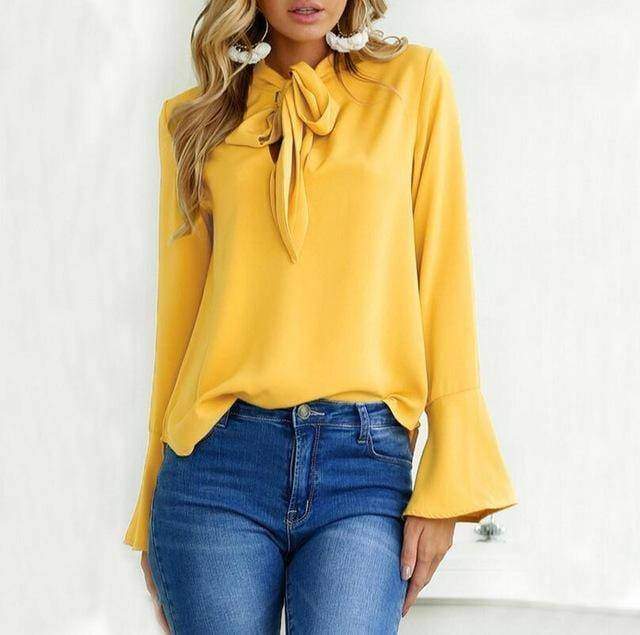 Clothing Yellow / S (US 10-12) Flare Sleeve Blouse Temperament Chiffon Blouses (US 10-18w)