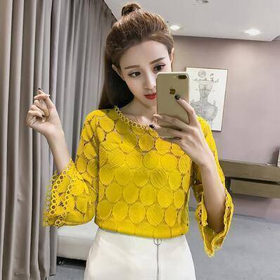Clothing Yellow / S (US 4-6) Hollow Out Lace Blouses Shirts Flare Sleeves O-Neck (US 4-16)