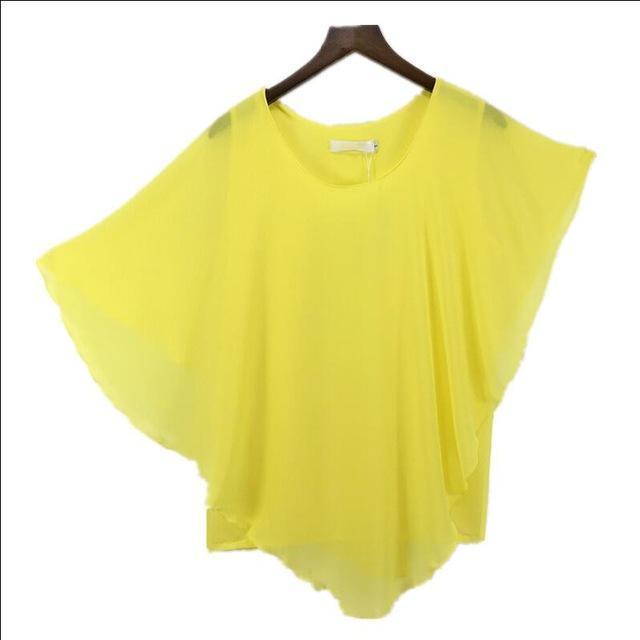 Clothing Yellow / S (US 6-8) Plus Size - 16 Color Plus size Ladies Chiffon Blouses ,Batwing sleeve tops shirts women asymmetric shirts (US 6-24W)
