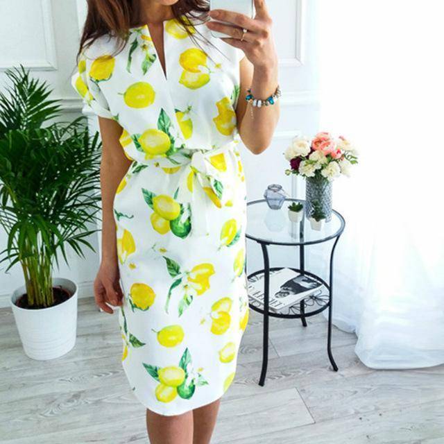 clothing Yellow / S (US 8 - 10) Plus Size - Summer Casual Dresses V-neck knee length dress, short Sleeve geometric Print (US 8 -16)