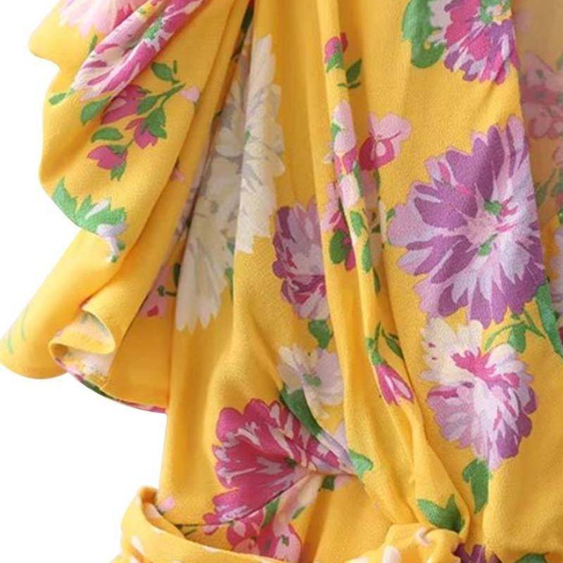 Clothing Yellow V neck floral shirt bow tie dot belt pleated short sleeve blouse (US 2-6)