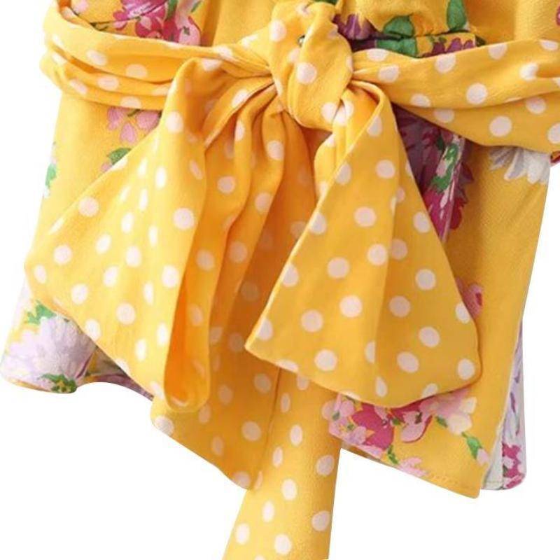 Clothing Yellow V neck floral shirt bow tie dot belt pleated short sleeve blouse (US 2-6)
