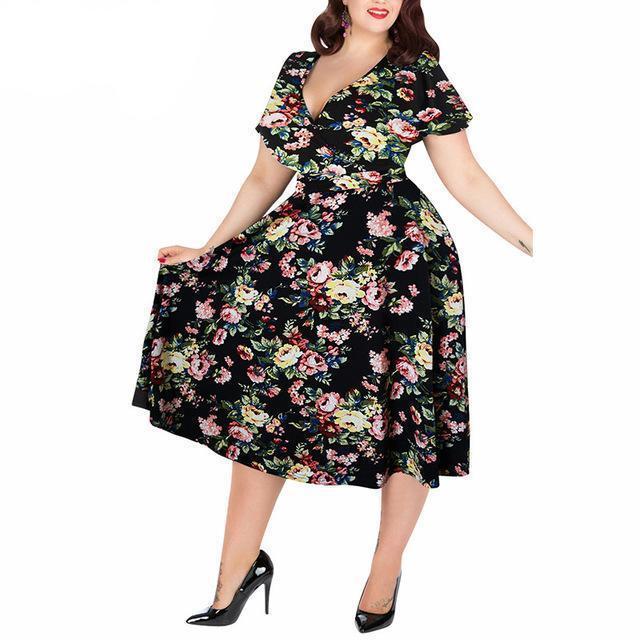 www.Nuroco.com - Plus Size - Women Sexy V-neck Short Sleeve 50s Party A-line Dress Vintage Stretchy www.Nuroco.com - Plus Size - Women Sexy V-neck Short Sleeve 50s Party A-line Dress Vintage Stretchy
