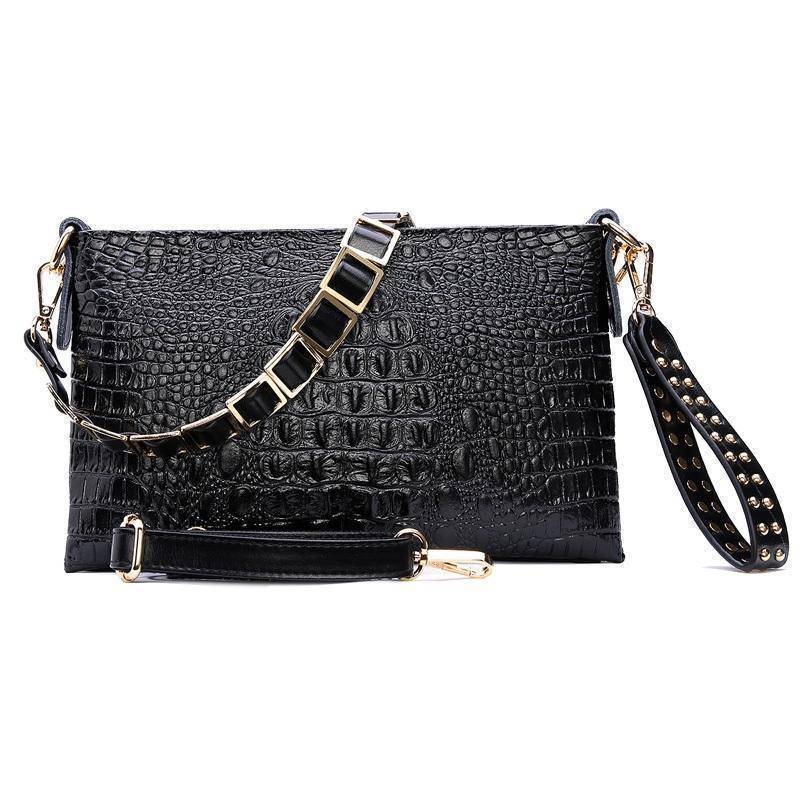 Black Genuine cow Leather Clutch bag, Crocodile texture Rivet purse also in  Metallic Gold, white