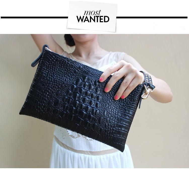 Black Genuine cow Leather Clutch bag, Crocodile texture Rivet purse also in  Metallic Gold, white