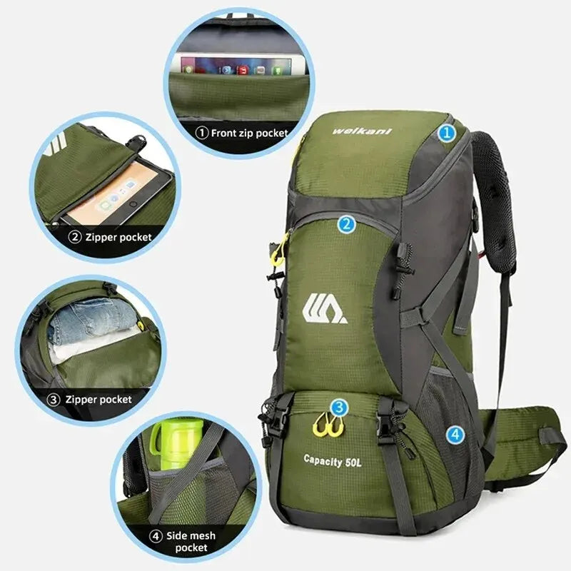 50L Travel Backpack Camping Bag For Men Large Hiking Bag Tourist Rucksack Waterproof Outdoor Sports Climbing Mountaineering Bag