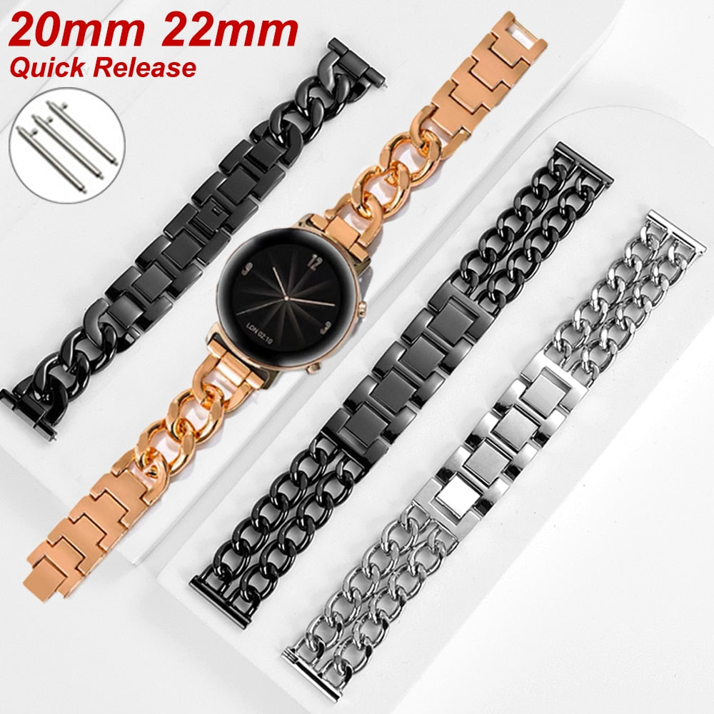 Metal Women Strap Band Chain For Galaxy active2 S2 classic watch 3 41MM 4 40 46mm for Amazfit Bip Huawei Gt2 Pro 20 22mm|Watchbands|