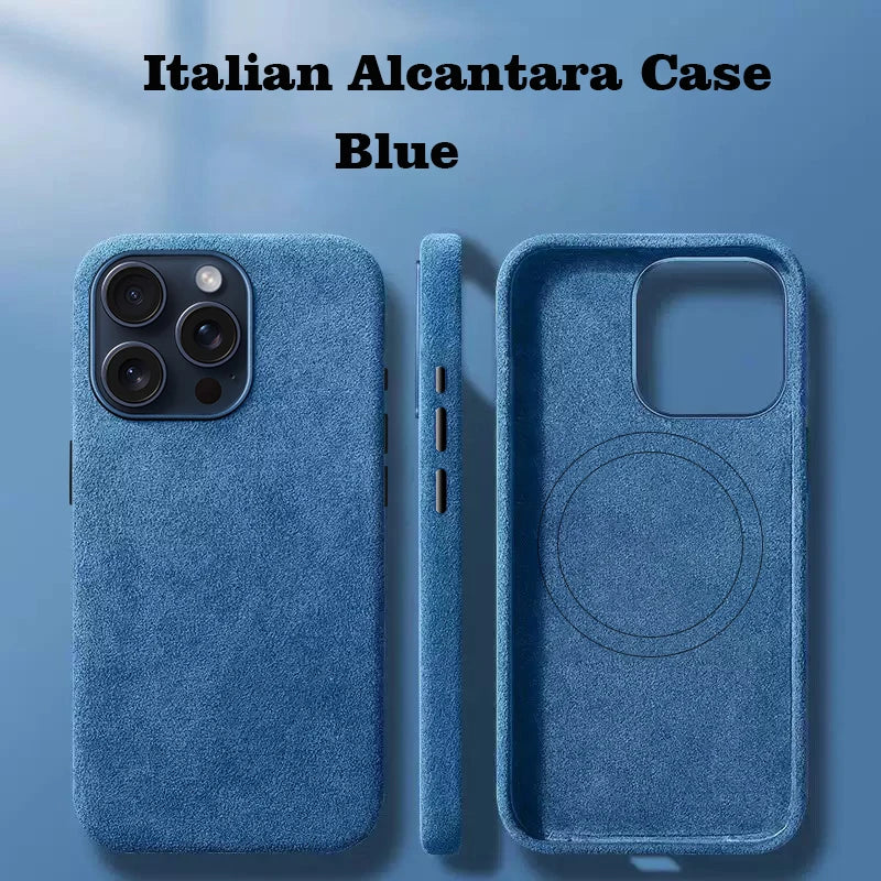 Italian Alcantara Case for iPhone 15 Pro Max Soft Leather Phone Back Cover for iPhone 15 Pro Magnets For MagSafe Grey Blue