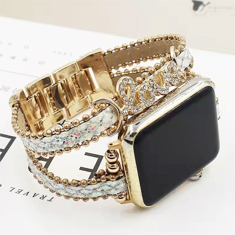 Bohemia Strap For Apple Watch Series 7 Band 41/45mm 38 42 40 44mm Luxury Women Diamond Leather Bracelet Iwatch 5 4 3 6 Se - Watchbands