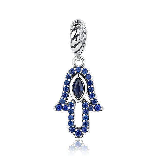 925 Sterling Silver Beads Blue Eyes Fatima Hamsa Hand Charm Beads fit Original PAN Charm Bracelet
