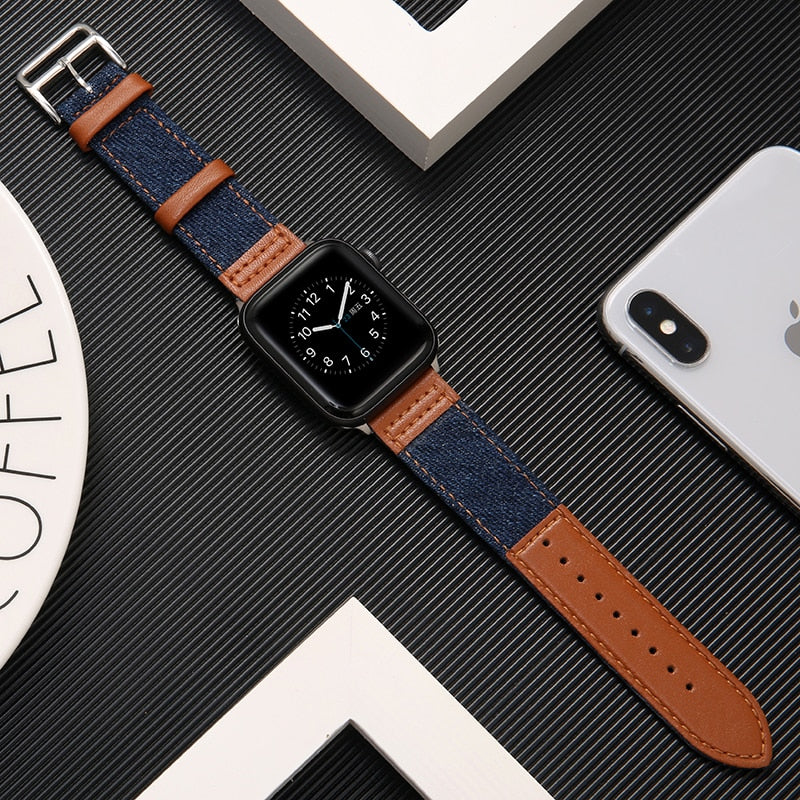 cowboy Fabric&real leather strap for apple watch band 42mm 38mm 44mm 40mm apple watch 5/4/3/2/1 iwatch bracelet Accessories