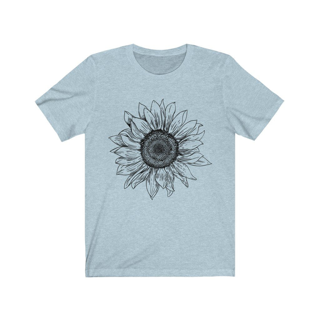 T-Shirt Heather Ice Blue / S Sunflower Rising ~ Womens Sunflower Tee, Flower Tee Shirt, Botanical Tee, wildflower shirt, fall tee, flower tshirt, sunflower shirt