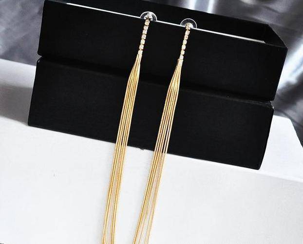 AOMU New Extra Long 21cm/8' Over the Shoulder Gold Silver Crystal Star Tassel Chain Drop Dangle Earrings for Women Girls Party