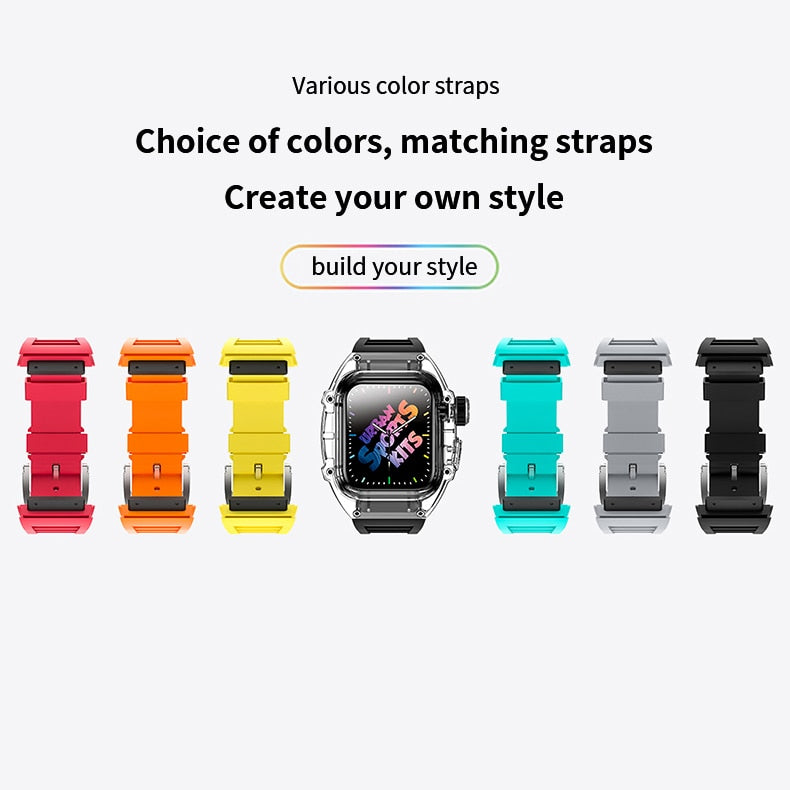 Ice Transparent Luxury Modification Kit Case Band For Apple Watch Series 8 7 6 5 4 Se 45mm 44mm Fluorine Rubber Sport Watchband - Watchbands