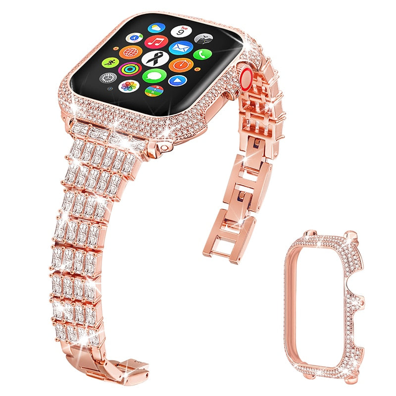 Diamond Case+Strap For Apple Watch Band Series 7 6 5 4 Correa Women Stainless Steel Bracelet Cover iWatch 38/40/41mm 42/44/45mm |Watchbands|
