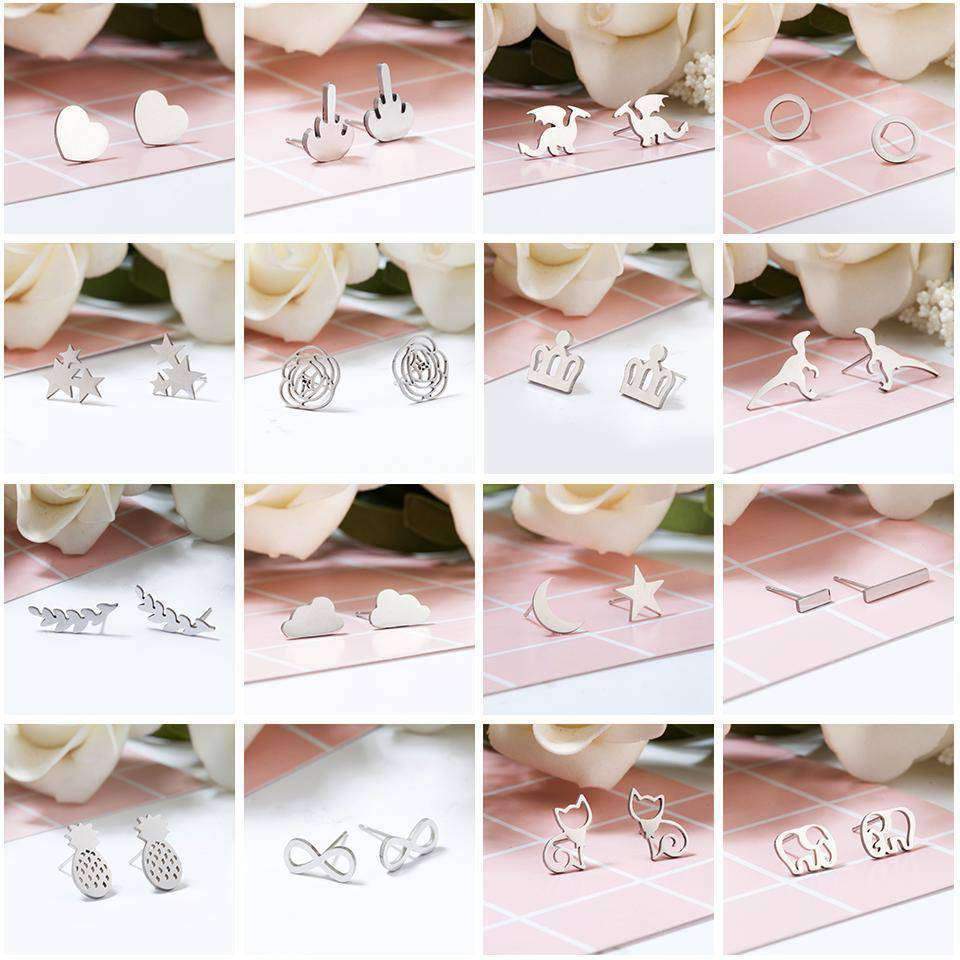 15 Styles, Minimalist Shiny Silver Cute Stud Earrings Stainless Steel