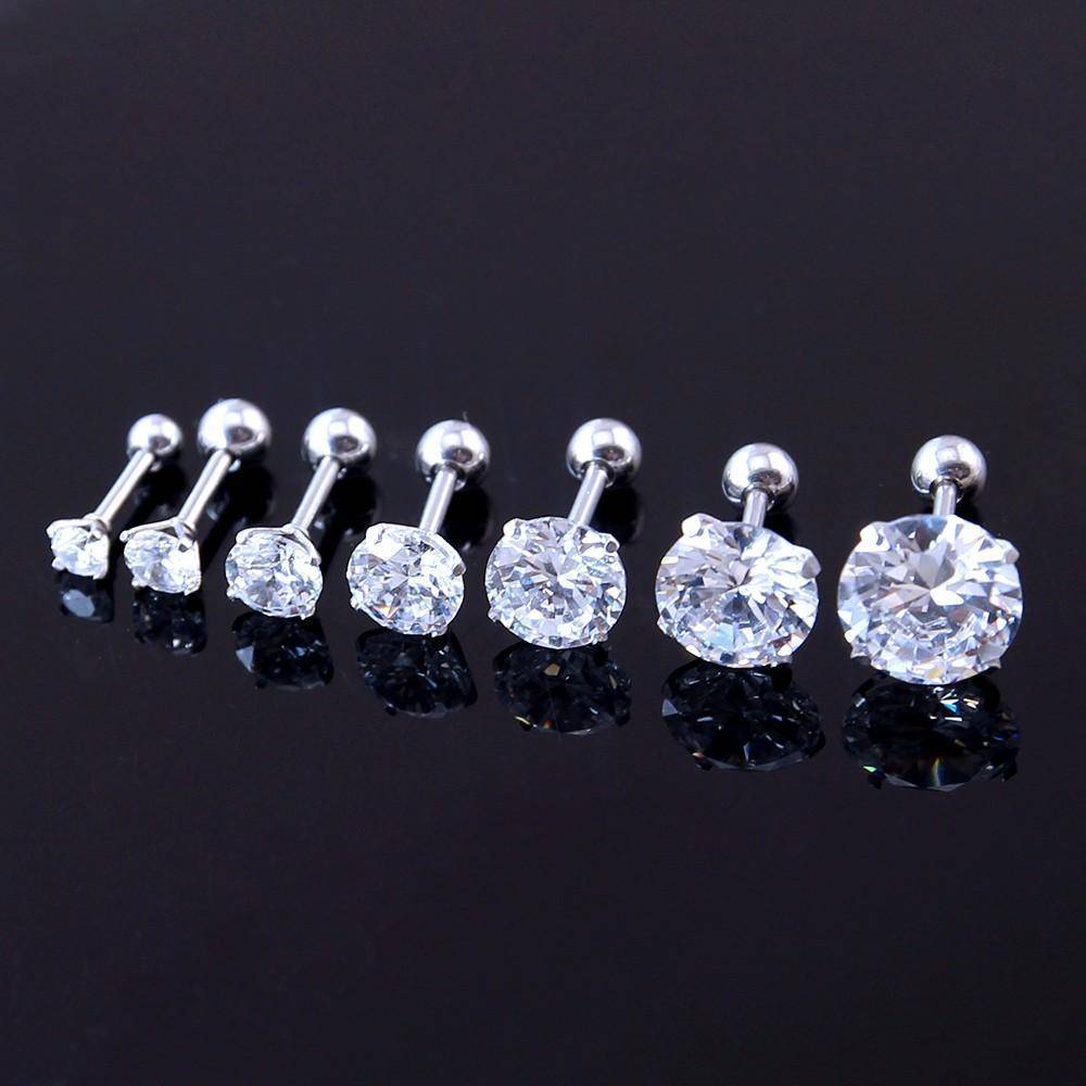 6 Sizes, (3mm-9mm) Screw Back Studs, Simple Clear CZ Four Prong Earrings, Stainless Steel set