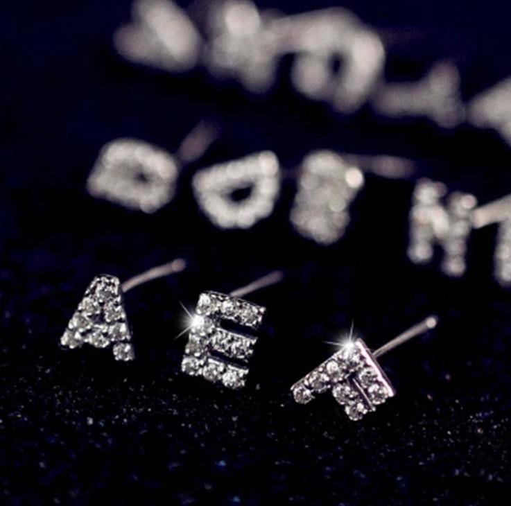 925 Sterling Silver Initial Letter Stud Earrings Pave Crystal letter A-Z