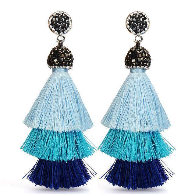 earrings aqua New Bohemia Three Layers Crystal Silk CottonTassel Earrings Long Pink Black Drop Earrings For Women Trendy Jewelry