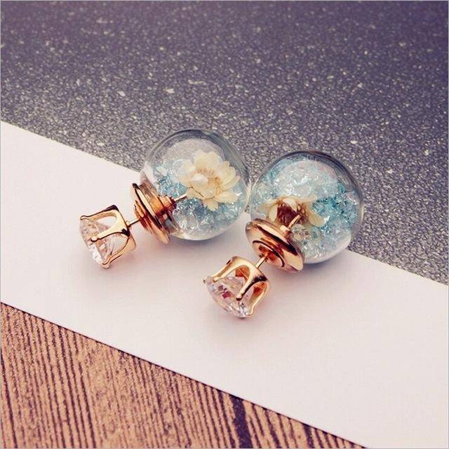 earrings Aqua Rose Glass Ball Flower Rhinestone Stud Earrings