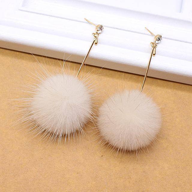 earrings beige Rabbit Fur Ball PomPom Long Drop Earrings