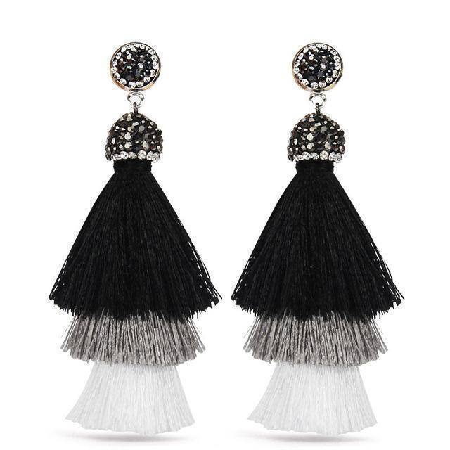 earrings Black New Bohemia Three Layers Crystal Silk CottonTassel Earrings Long Pink Black Drop Earrings For Women Trendy Jewelry