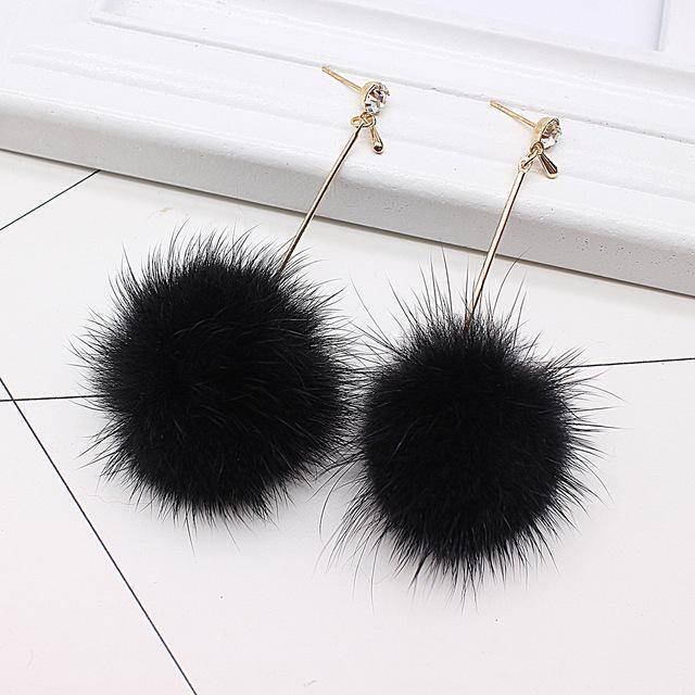 earrings black Rabbit Fur Ball PomPom Long Drop Earrings