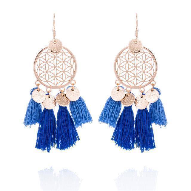 Earrings Blue Gold color round sequins boho ethnic tassel drop earrings